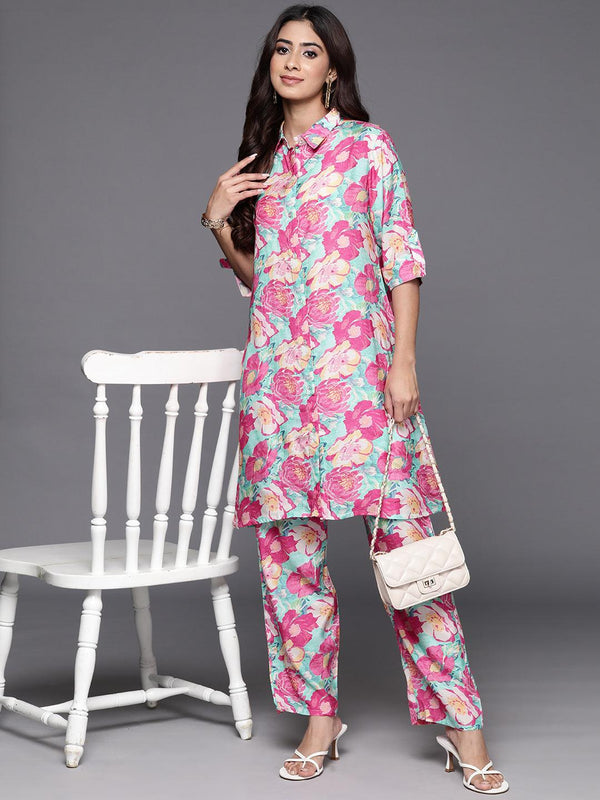 Pink Printed Cotton Blend Tunic With Palazzos - Jashvi