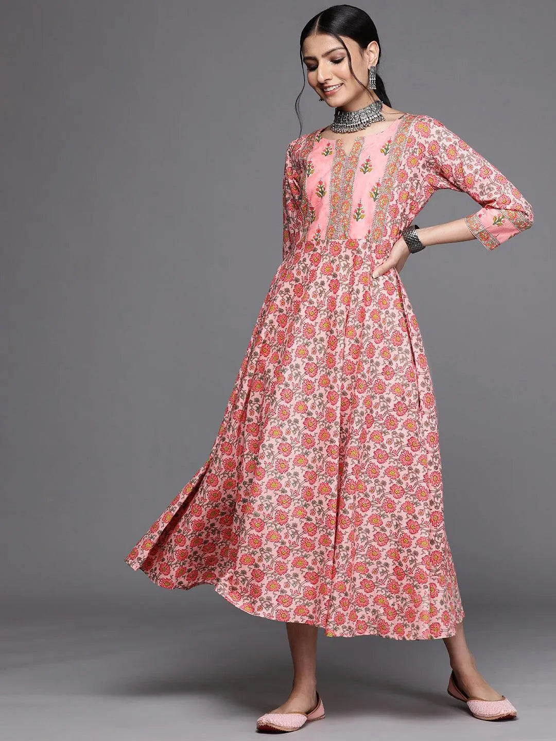 Pink Printed Cotton Dress - Jashvi