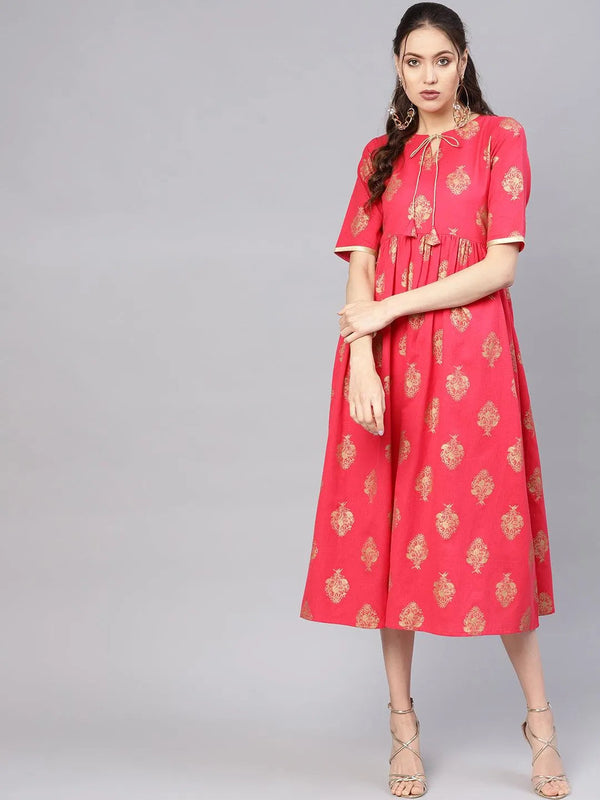 Pink Printed Cotton Dress - Jashvi