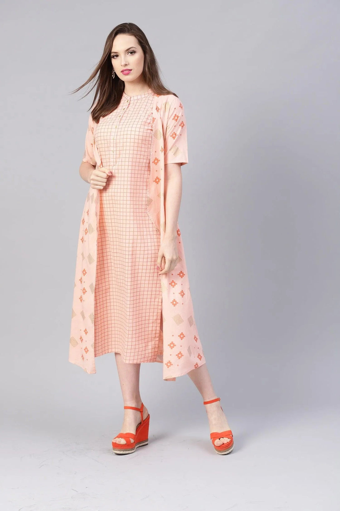 Pink Printed Cotton Dress With Jacket - Jashvi