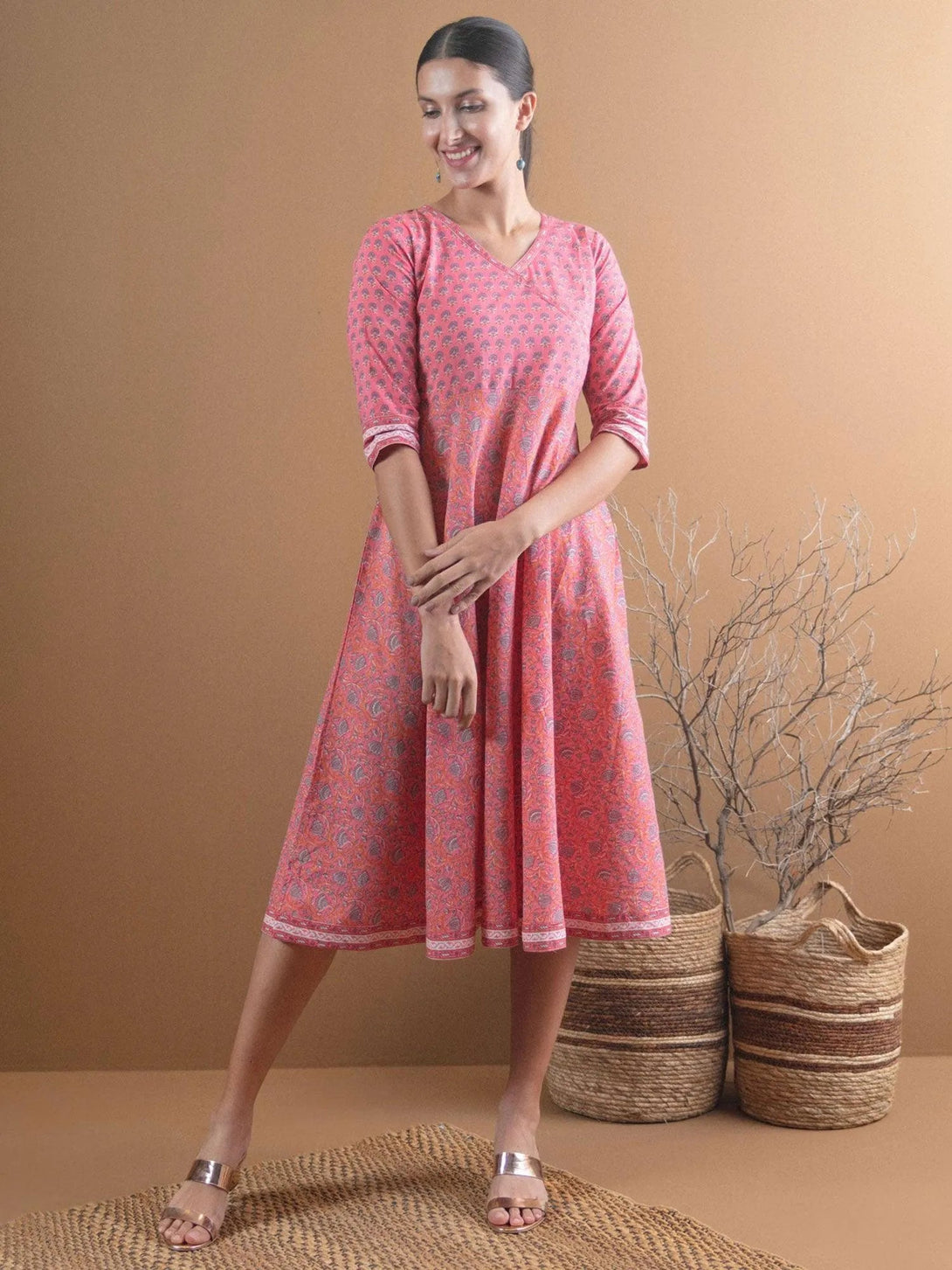 Pink Printed Cotton Dress With Mask - Jashvi