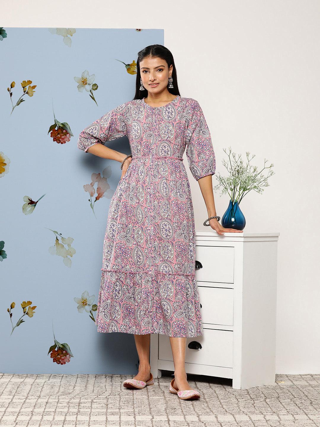 Pink Printed Cotton Fit and Flare Dress - Jashvi