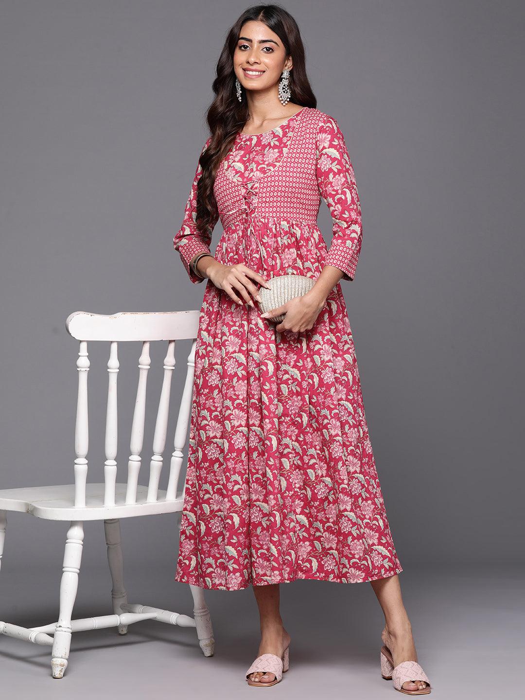 Pink Printed Cotton Fit and Flared Dress - Jashvi