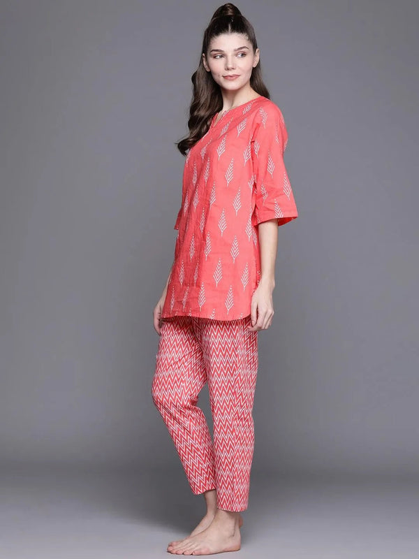 Pink Printed Cotton Night Suit - Jashvi