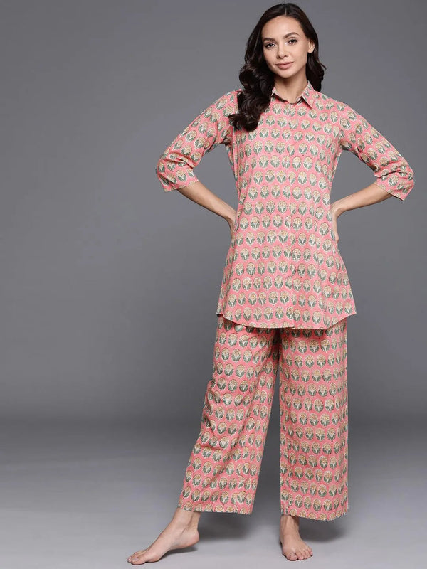 Pink Printed Cotton Night Suit - Jashvi