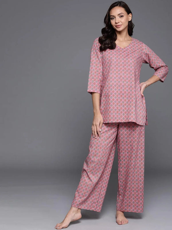 Pink Printed Cotton Night Suit - Jashvi