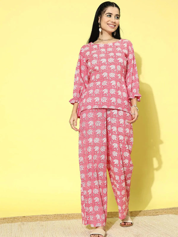 Pink Printed Cotton Night Suit - Jashvi