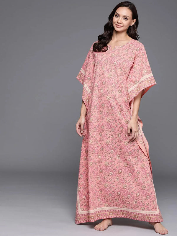 Pink Printed Cotton Nightdress - Jashvi