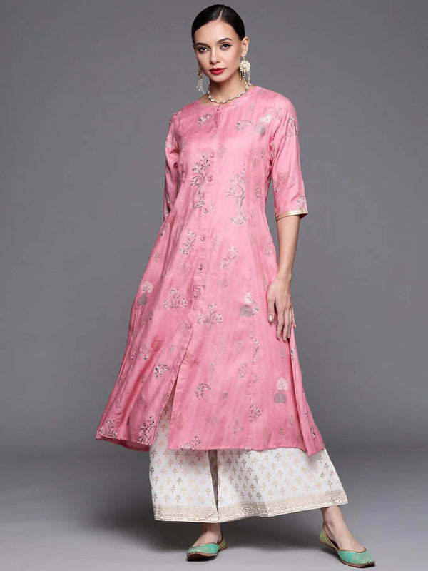 Pink Printed Cotton Silk Kurta - Jashvi