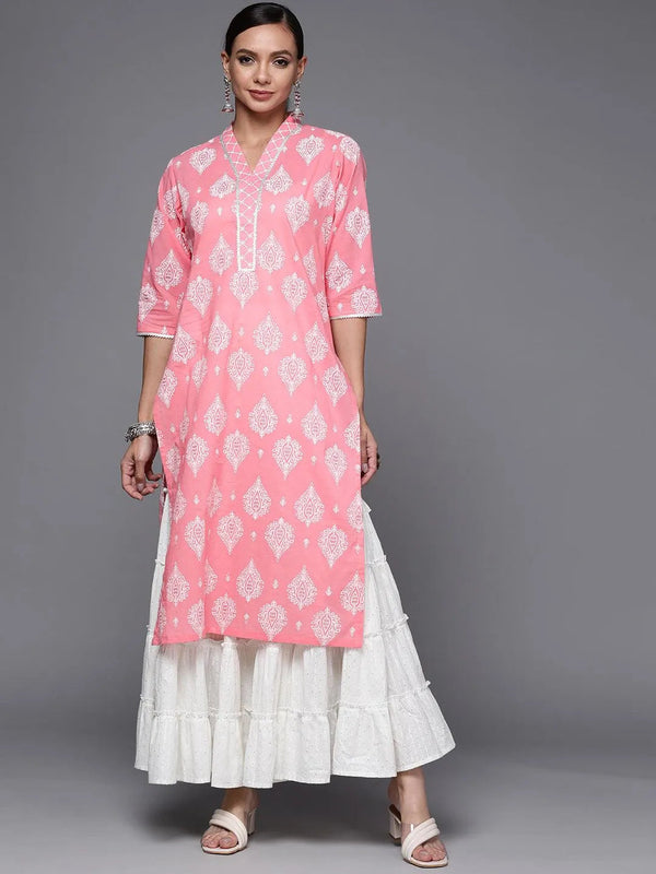 Pink Printed Cotton Straight Kurta - Jashvi