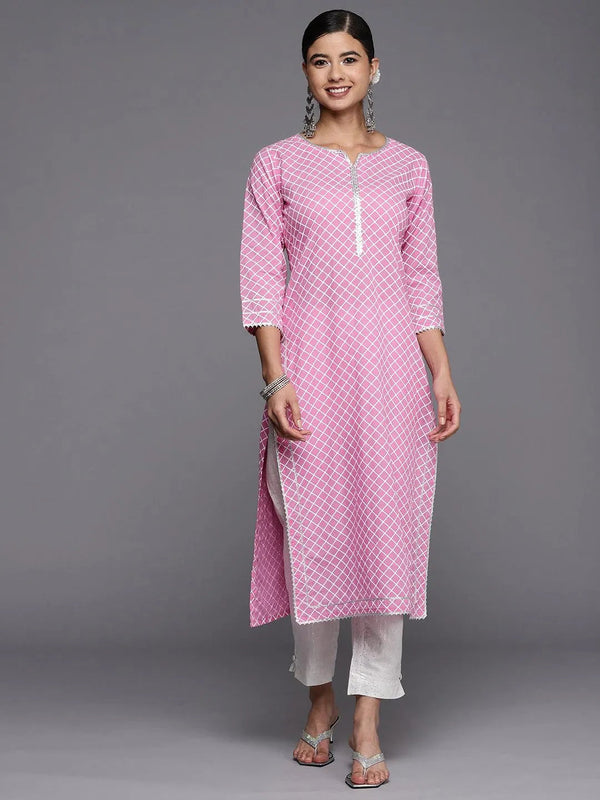 Pink Printed Cotton Straight Kurta - Jashvi