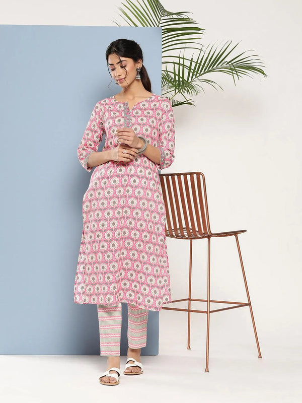 Pink Printed Cotton Straight Kurta - Jashvi