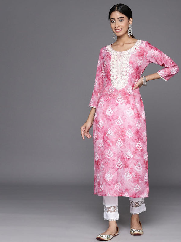 Pink Printed Cotton Straight Kurta - Jashvi