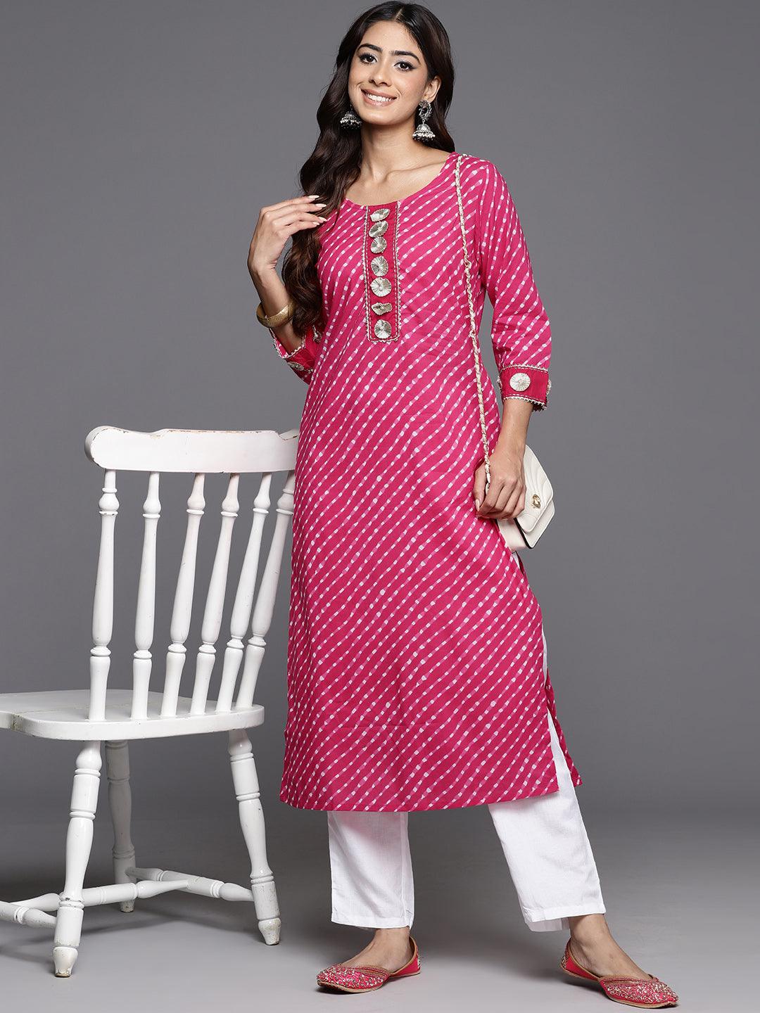 Pink Printed Cotton Straight Kurta - Jashvi