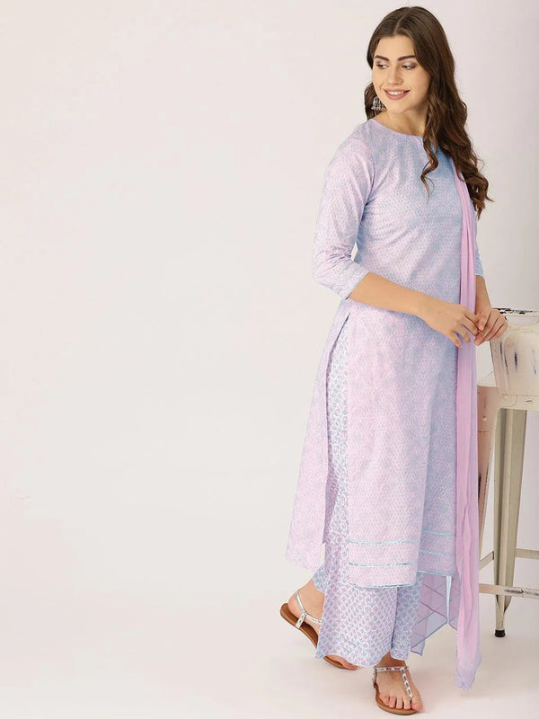 Pink Printed Cotton Straight Kurta With Palazzos & Dupatta - Jashvi