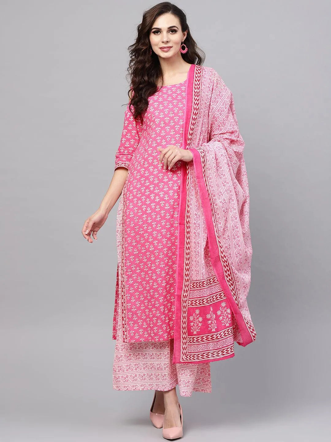 Pink Printed Cotton Suit Set - Jashvi