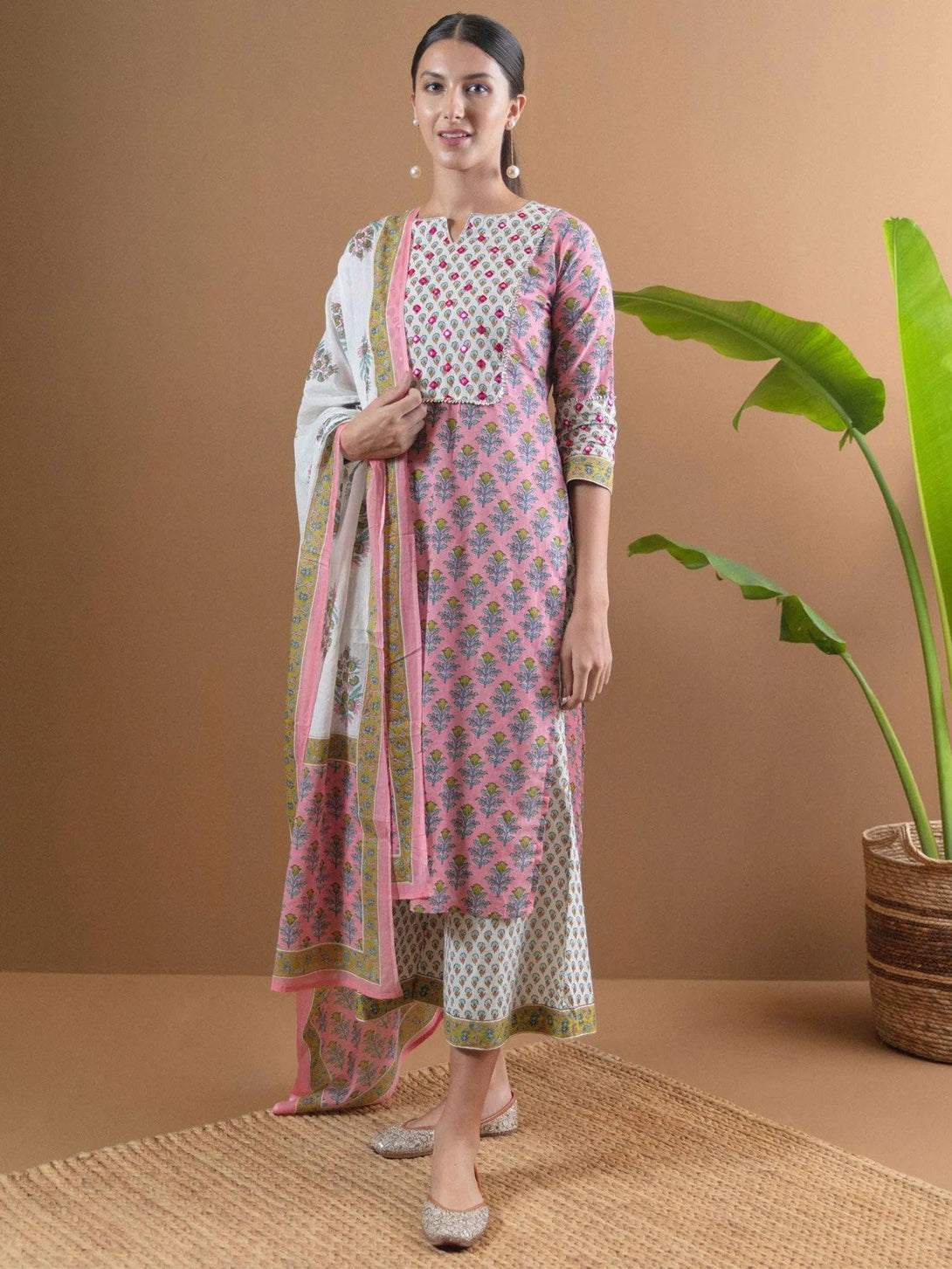 Pink Printed Cotton Suit Set With Mask - Jashvi