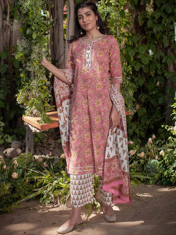 Pink Printed Cotton Suit Set - Jashvi