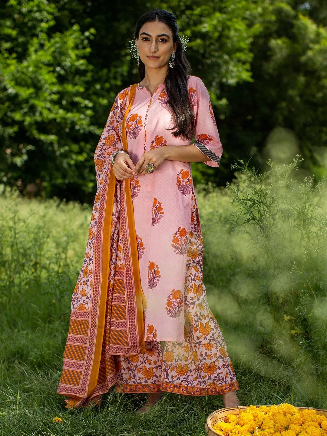 Pink Printed Cotton Suit Set - Jashvi