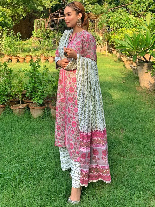 Pink Printed Cotton Suit Set - Jashvi