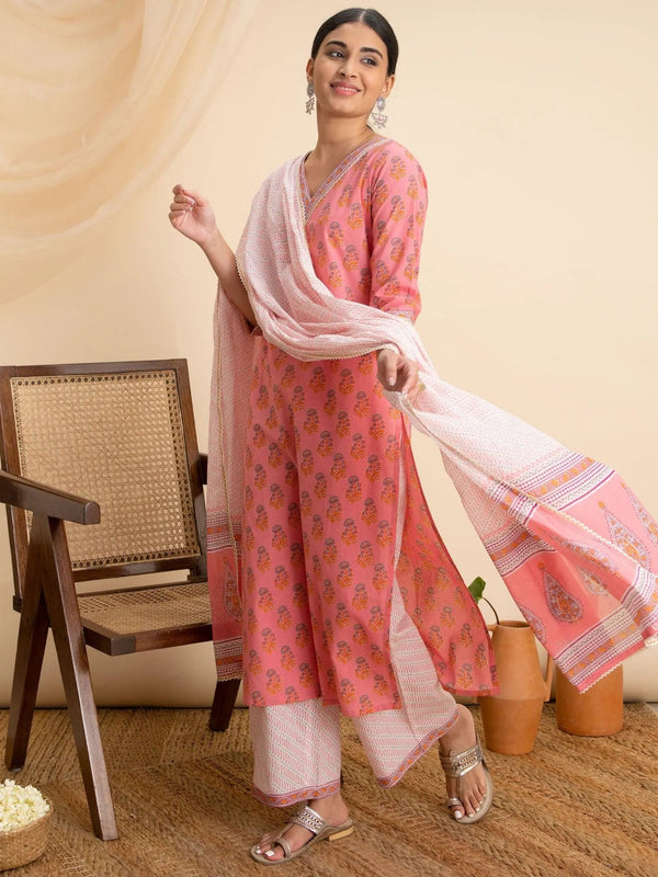 Pink Printed Cotton Suit Set - Jashvi