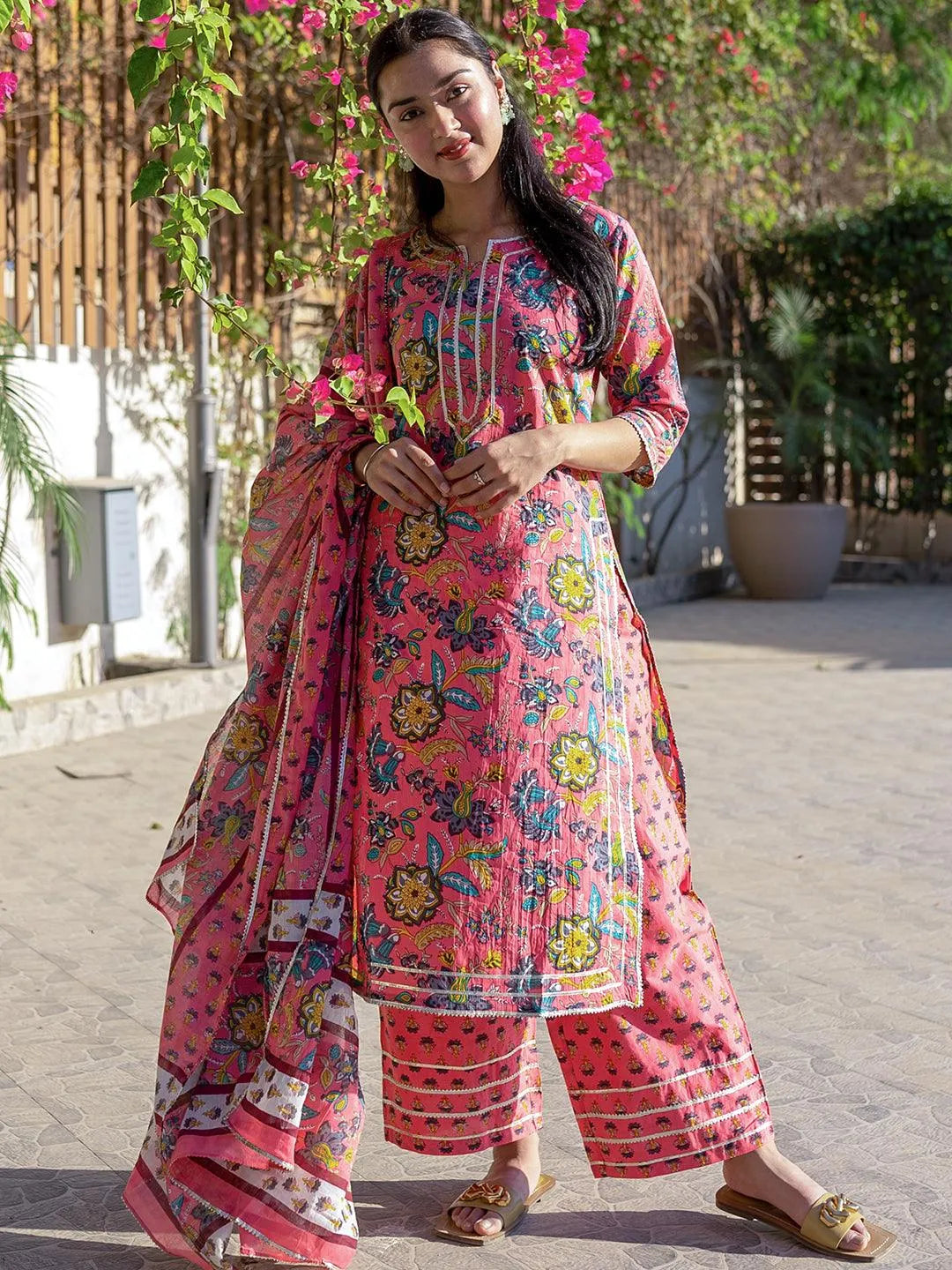 Pink Printed Cotton Straight Suit Set - Jashvi