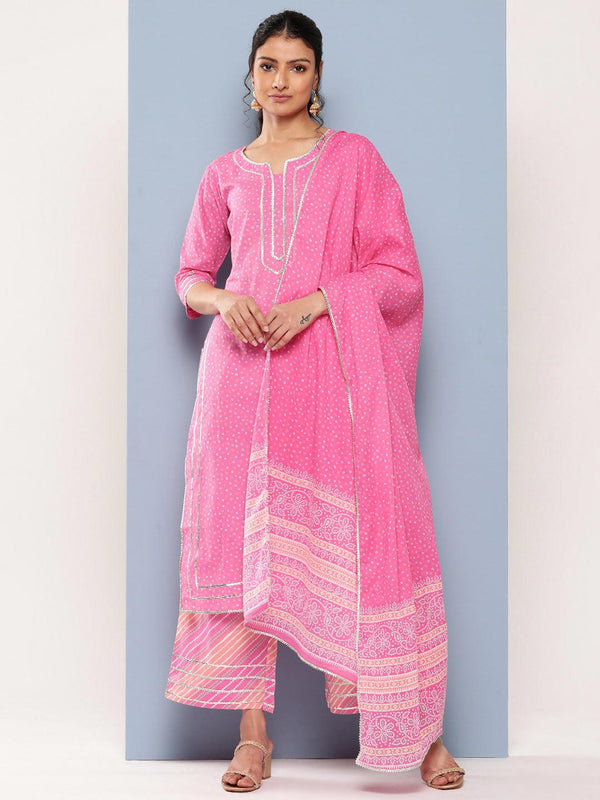 Pink Printed Cotton Straight Suit Set With Palazzos - Jashvi