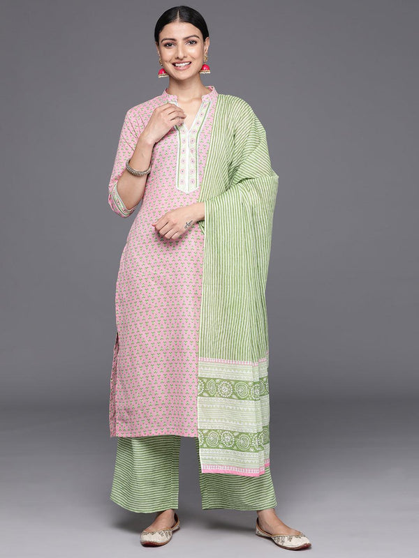 Pink Printed Cotton Straight Kurta With Palazzos & Dupatta - Jashvi