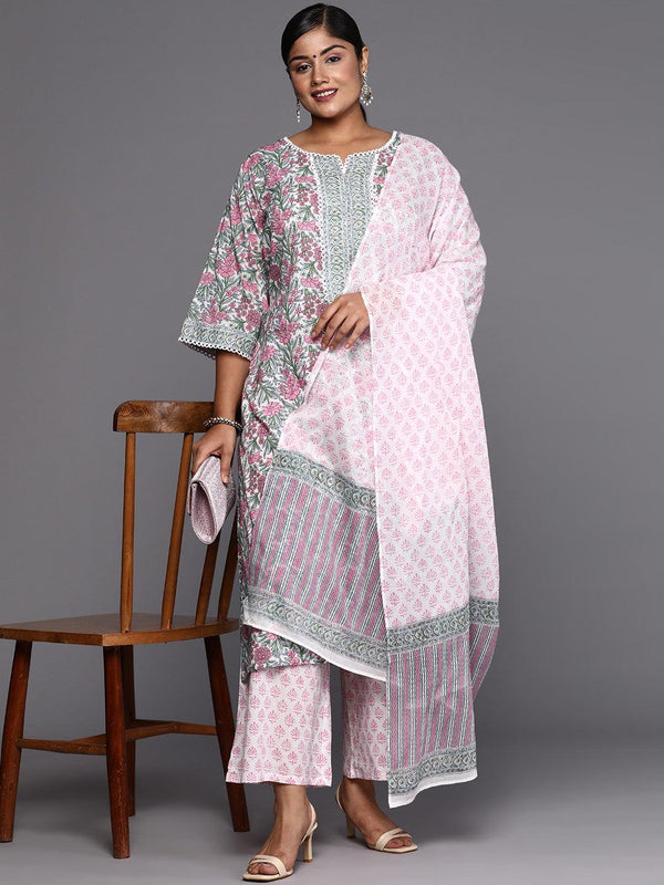 Pink Printed Cotton Straight Kurta With Palazzos & Dupatta - Jashvi