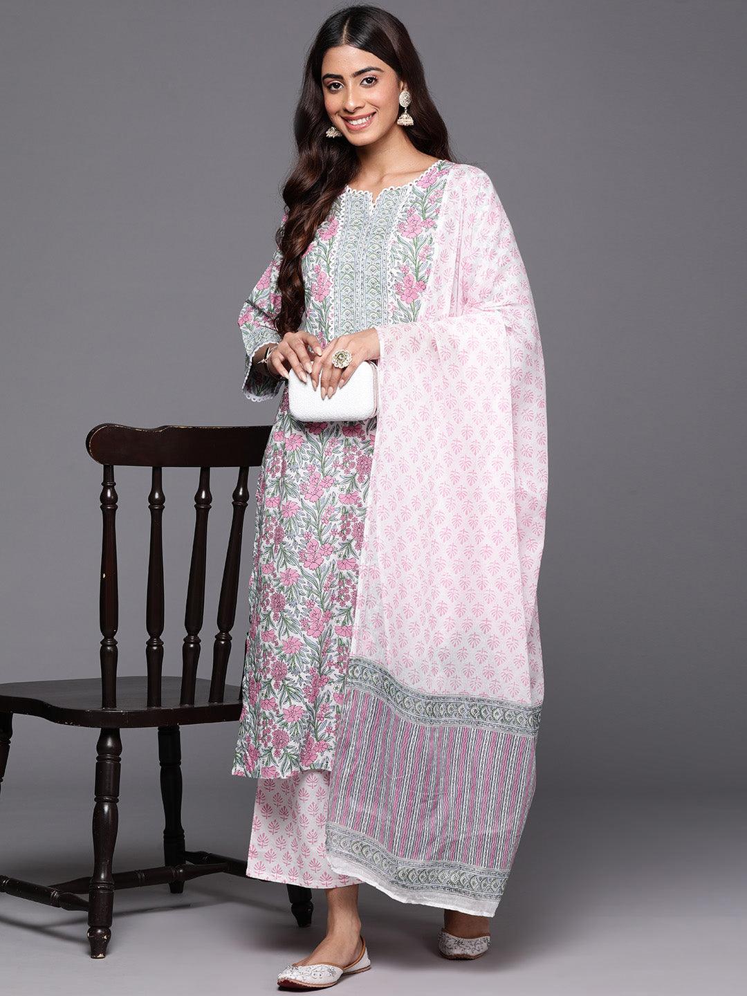 Pink Printed Cotton Straight Kurta With Palazzos & Dupatta - Jashvi