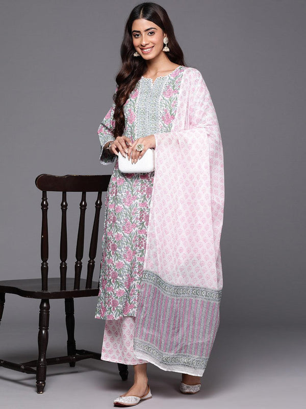 Pink Printed Cotton Straight Kurta With Palazzos & Dupatta - Jashvi