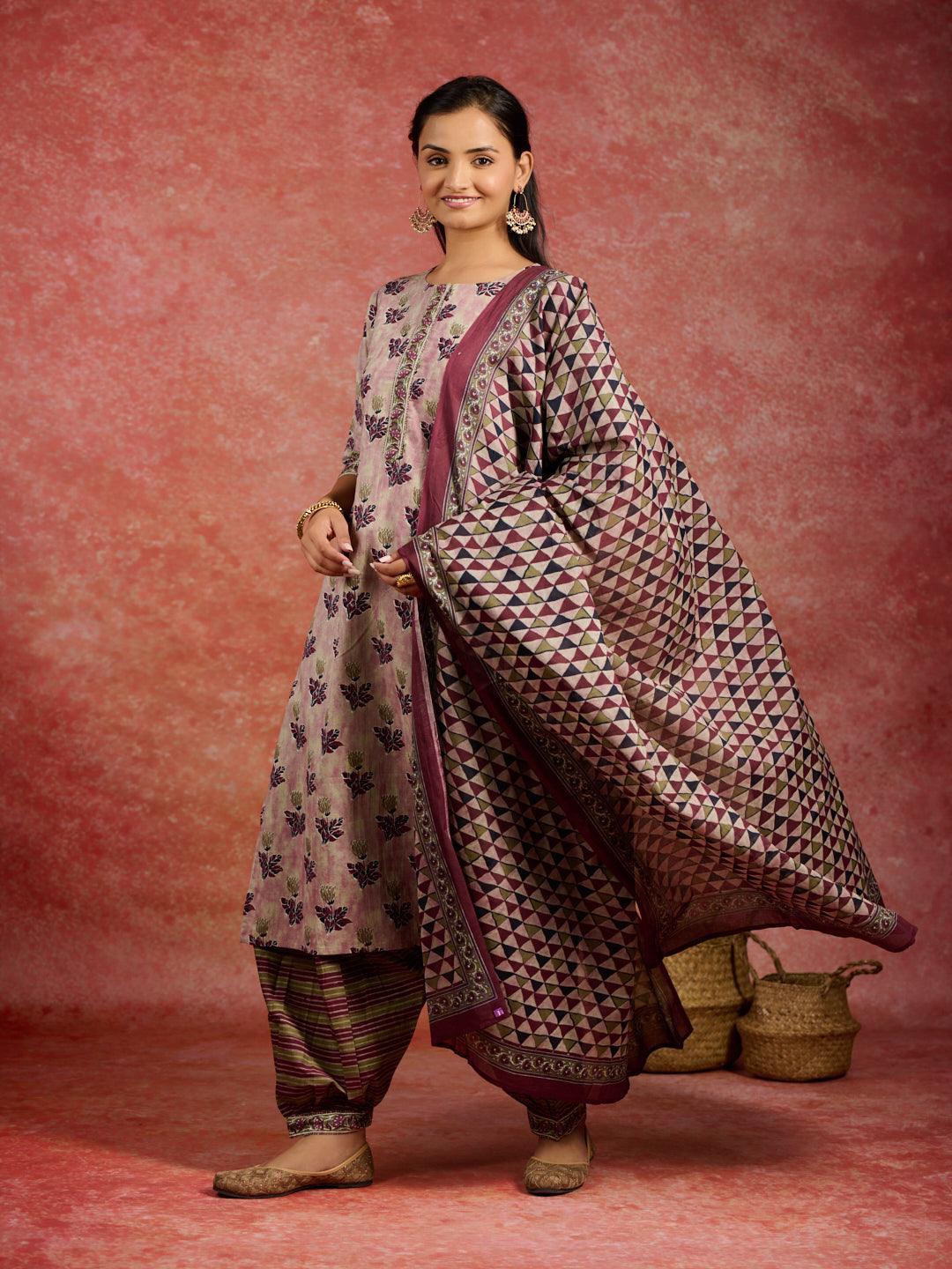 Pink Printed Cotton Straight Kurta With Salwar & Dupatta - Jashvi