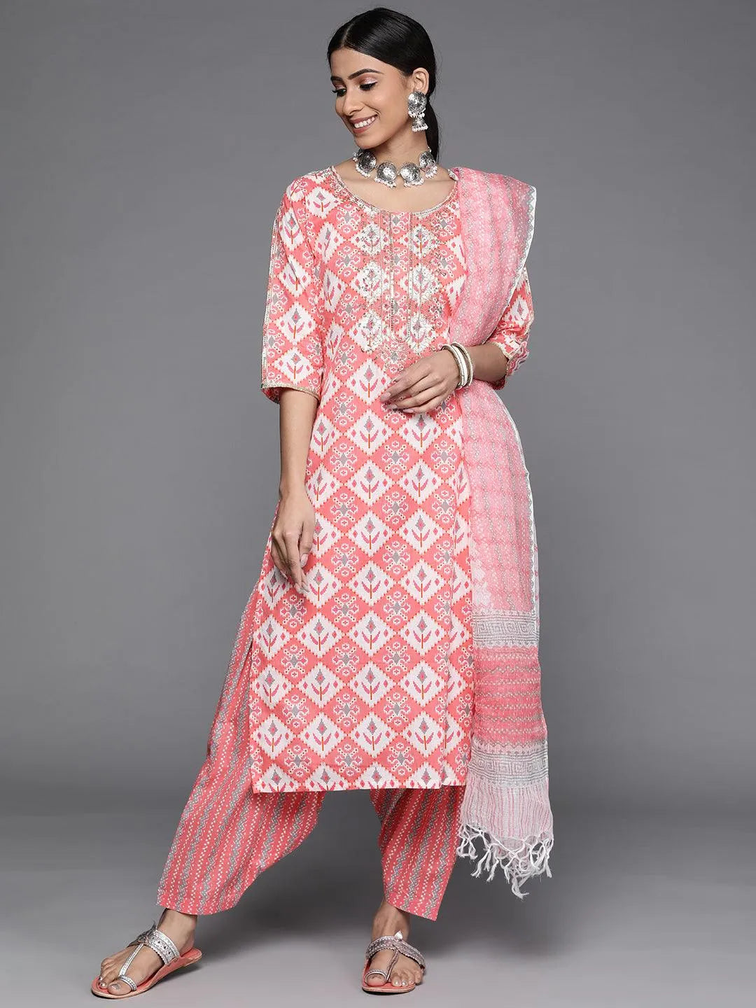 Pink Printed Cotton Suit Set - Jashvi