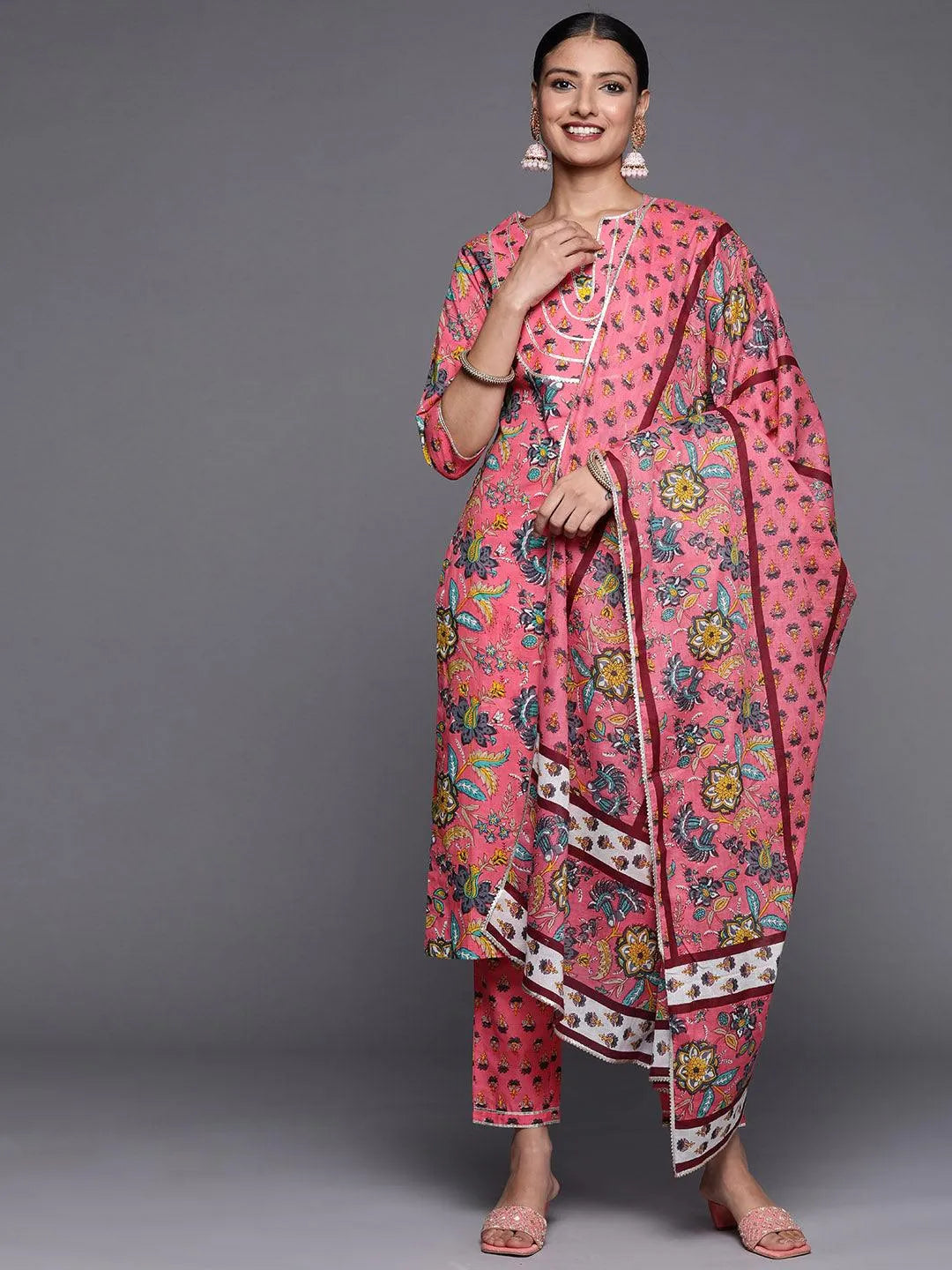 Pink Printed Cotton Straight Suit Set - Jashvi