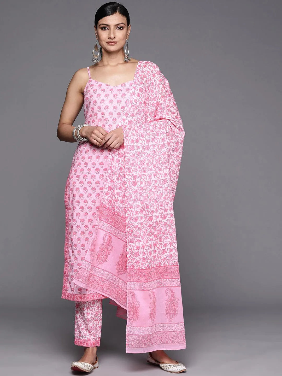 Pink Printed Cotton Straight Suit Set With Trousers - Jashvi