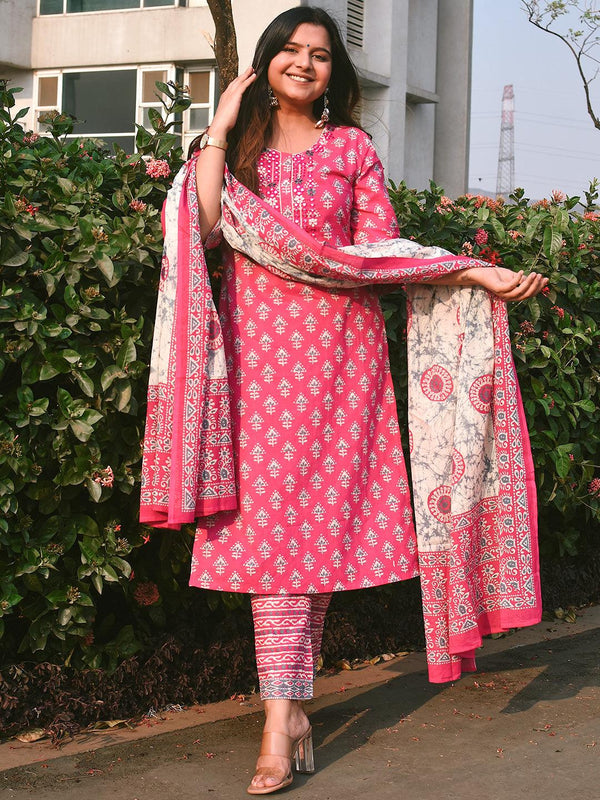 Pink Printed Cotton Straight Suit Set With Trousers - Jashvi