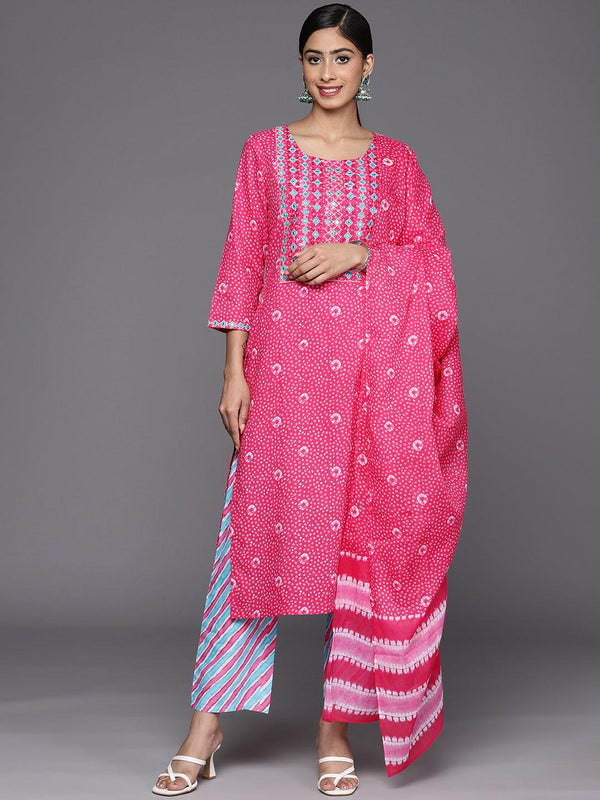 Pink Printed Cotton Straight Suit Set With Trousers - Jashvi