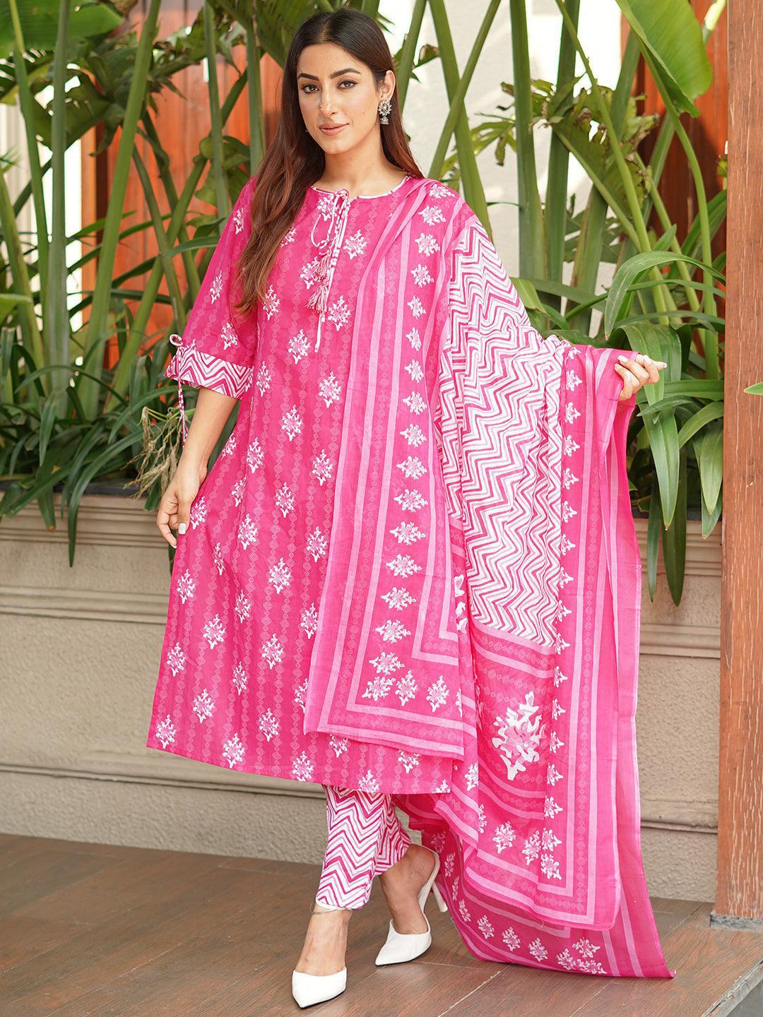 Pink Printed Cotton Straight Kurta With Trousers & Dupatta - Jashvi