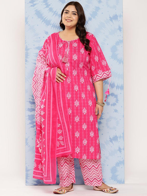 Pink Printed Cotton Straight Kurta With Trousers and Dupatta - Jashvi