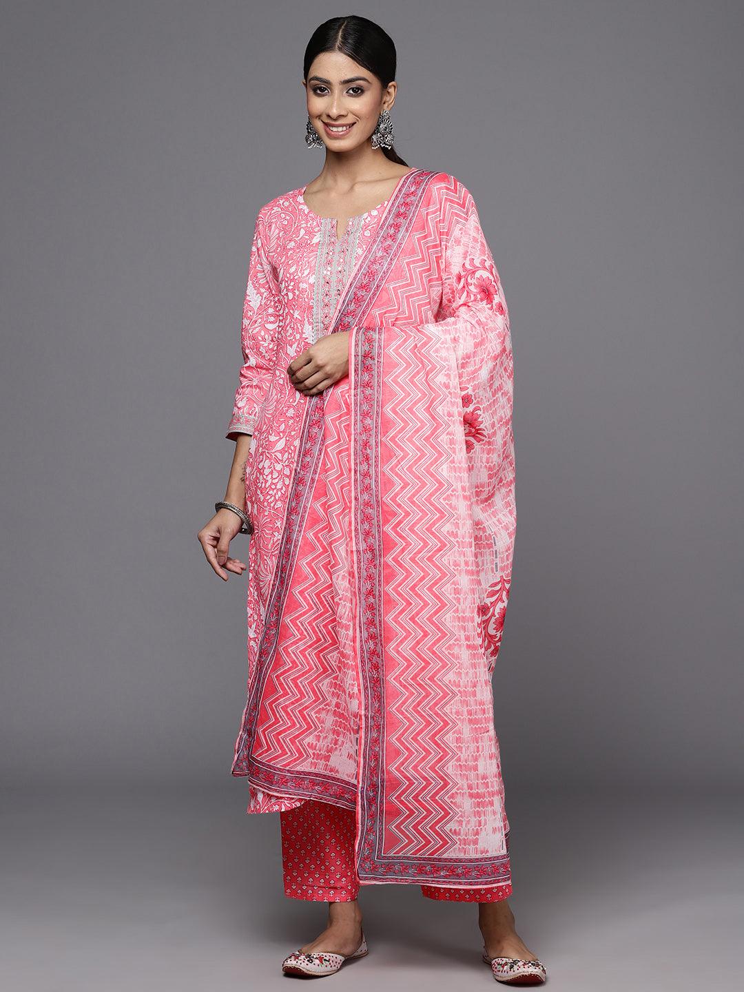 Pink Printed Cotton Straight Kurta With Trousers & Dupatta - Jashvi