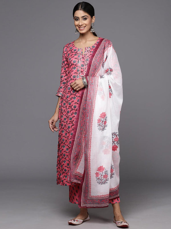 Pink Printed Cotton Straight Kurta With Trousers & Dupatta - Jashvi