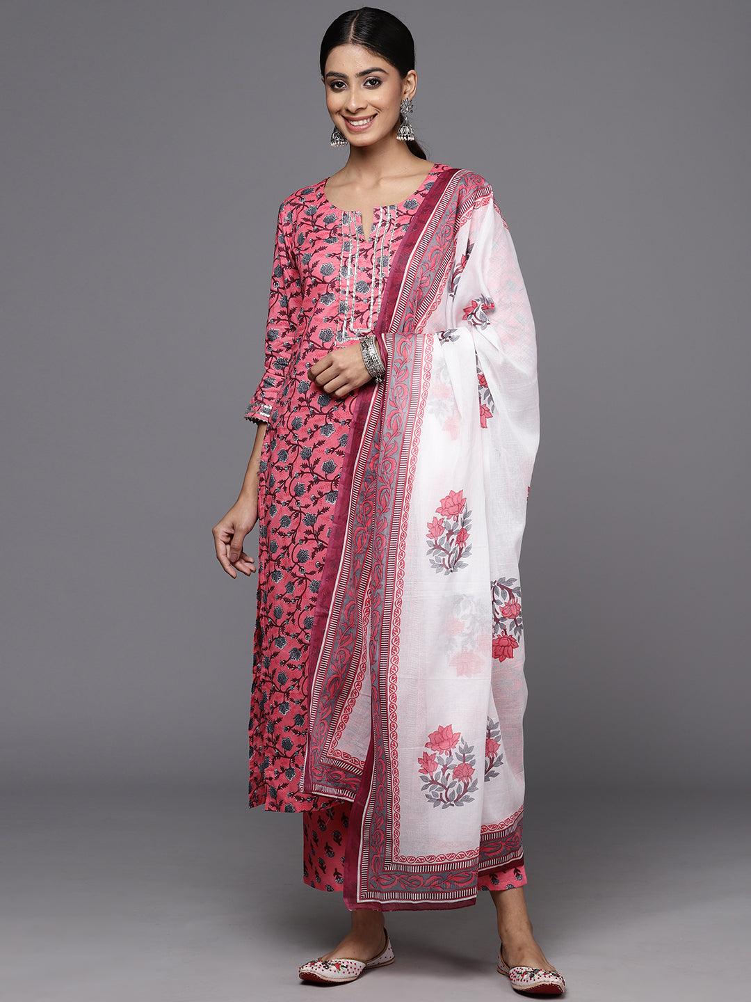 Pink Printed Cotton Straight Kurta With Trousers & Dupatta - Jashvi