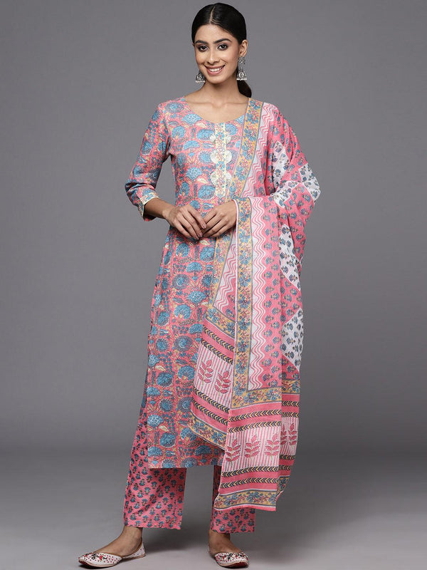 Pink Printed Cotton Straight Kurta With Trousers & Dupatta - Jashvi