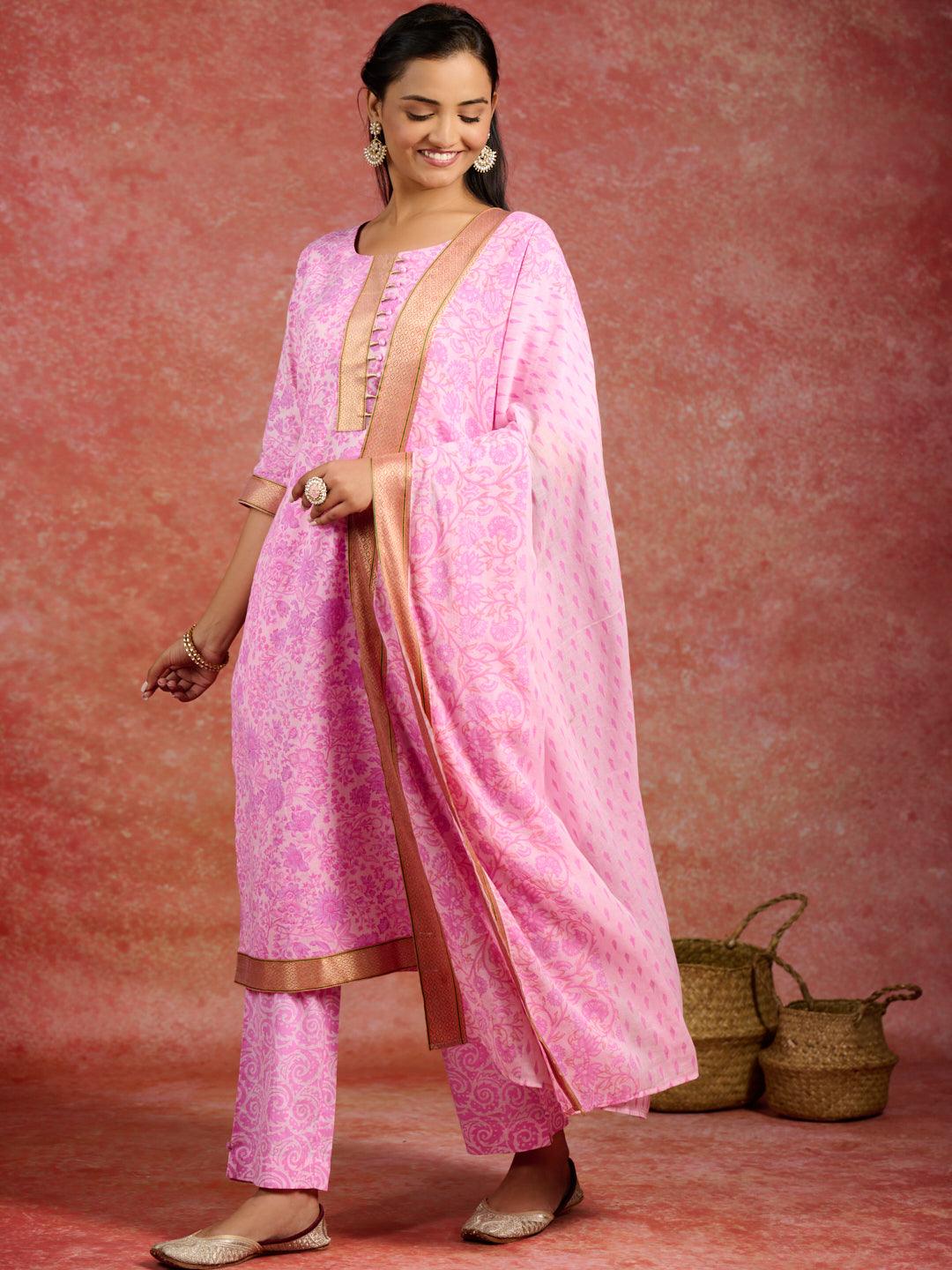 Pink Printed Cotton Straight Kurta With Trousers & Dupatta - Jashvi