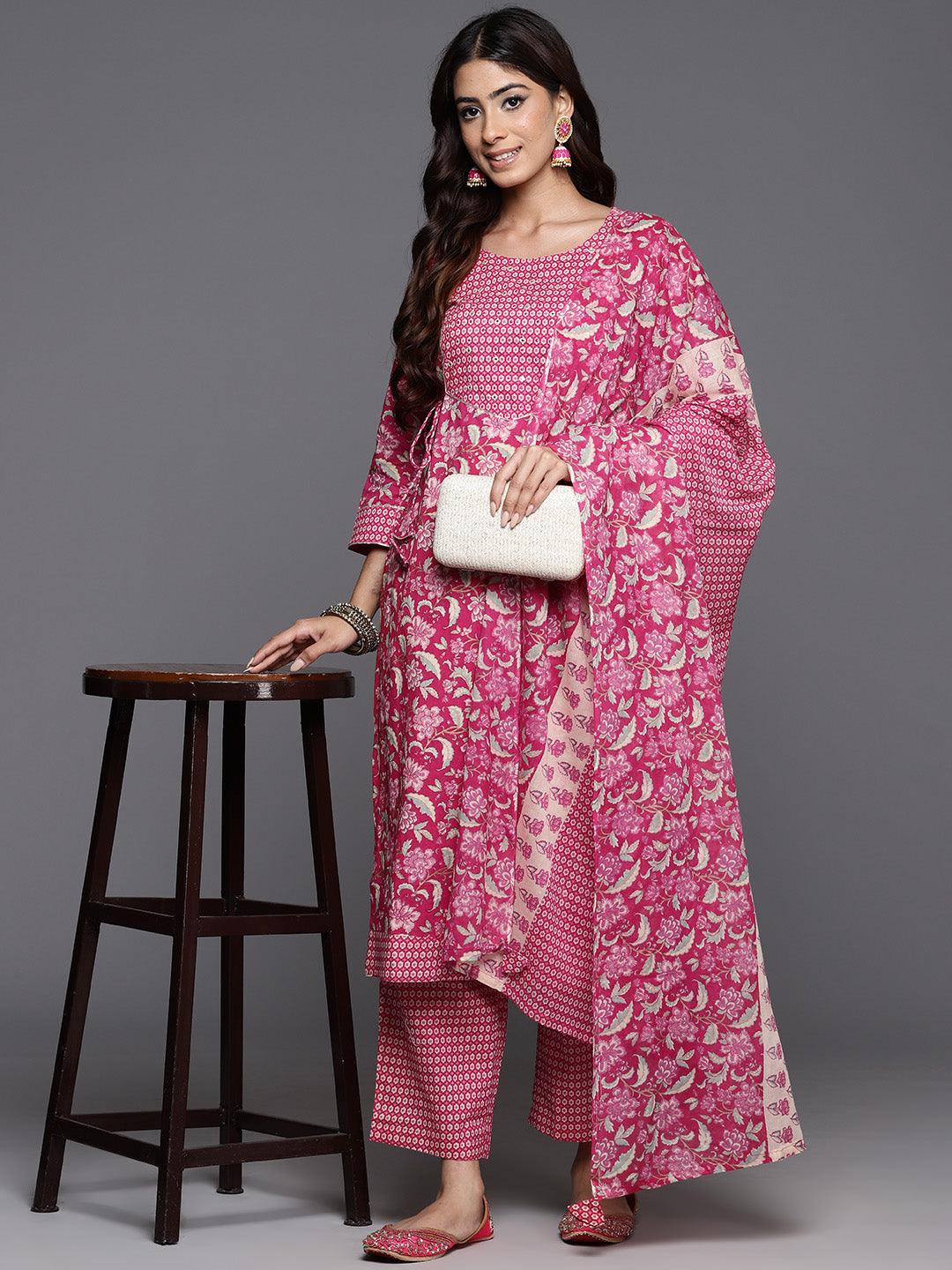 Pink Printed Cotton Straight Kurta With Trousers & Dupatta - Jashvi