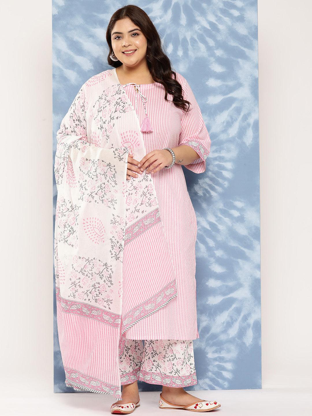 Pink Printed Cotton Straight Kurta With Trousers and Dupatta - Jashvi