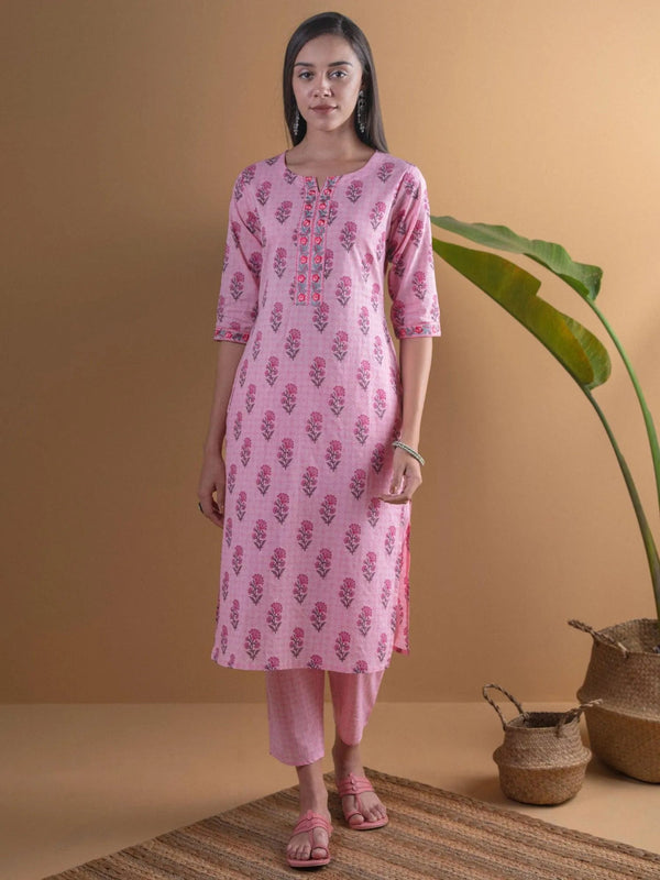 Pink Printed Cotton Kurta Set - Jashvi