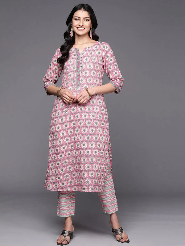 Pink Printed Cotton Straight Kurta Set With Trousers - Jashvi