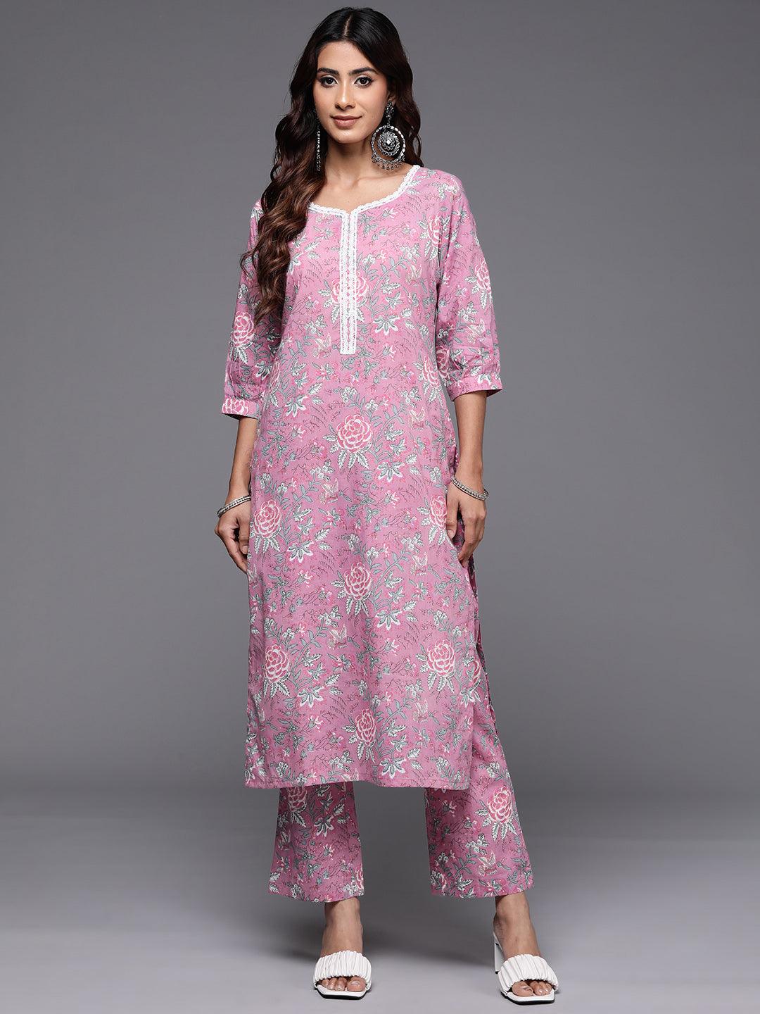 Pink Printed Cotton Straight Kurta With Trousers - Jashvi