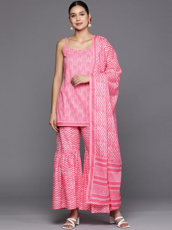 Pink Printed Cotton Straight Suit Set With Sharara - Jashvi